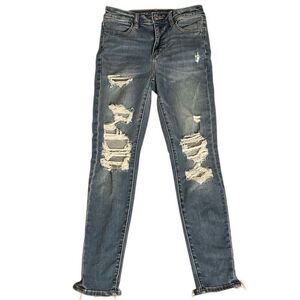 AMERICAN EAGLE Distressed Blue Jeans Mid Rise Next Level Stretch Size 4 Short